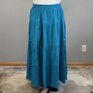 The Paragon Reversible Tiered Boho Prairie Maxi Skirt Size L Brown Teal Cotton